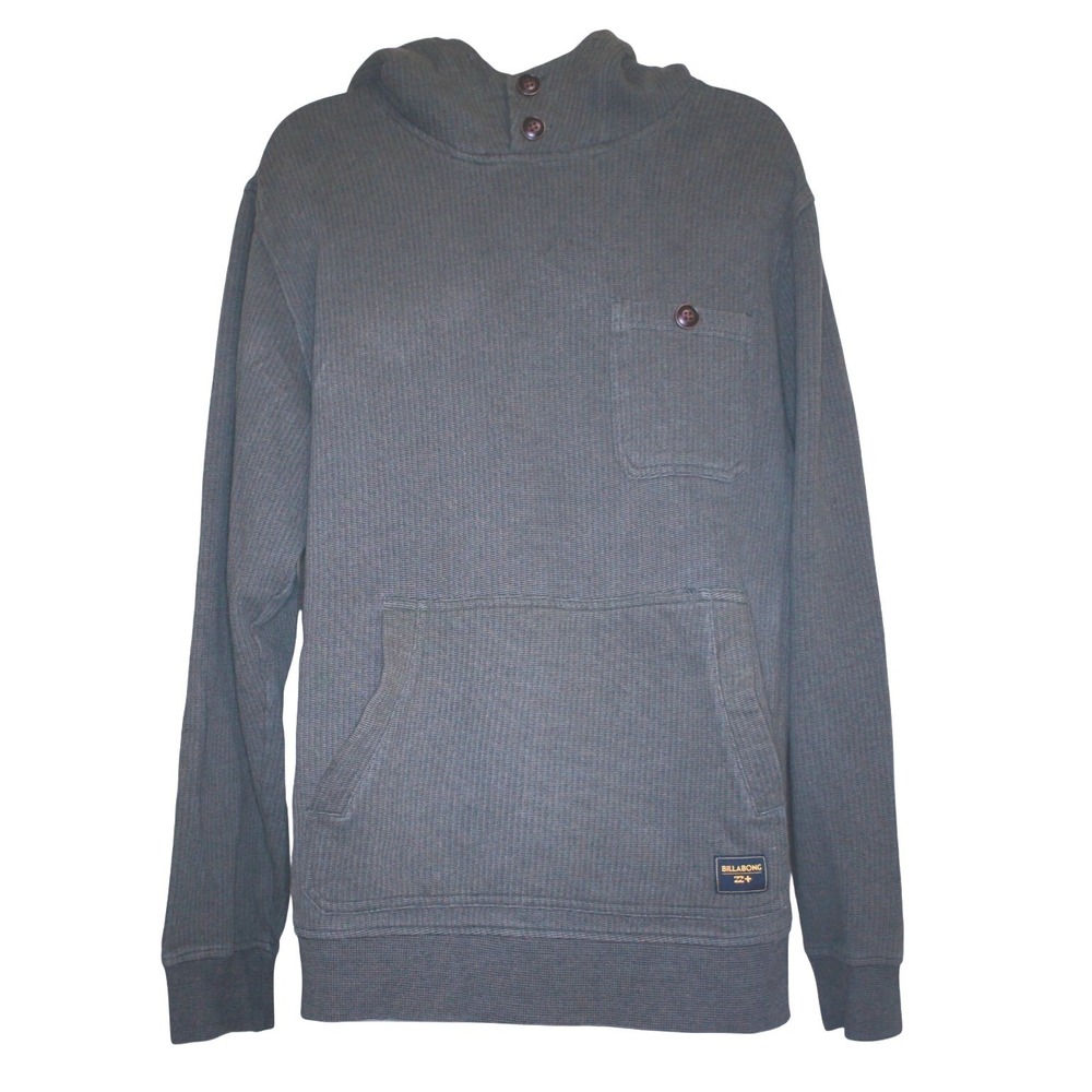 Billabong Hoodie Large Gray Waffle Knit Button Neck Pulover with Kangaroo Pocket - Picture 1 of 16